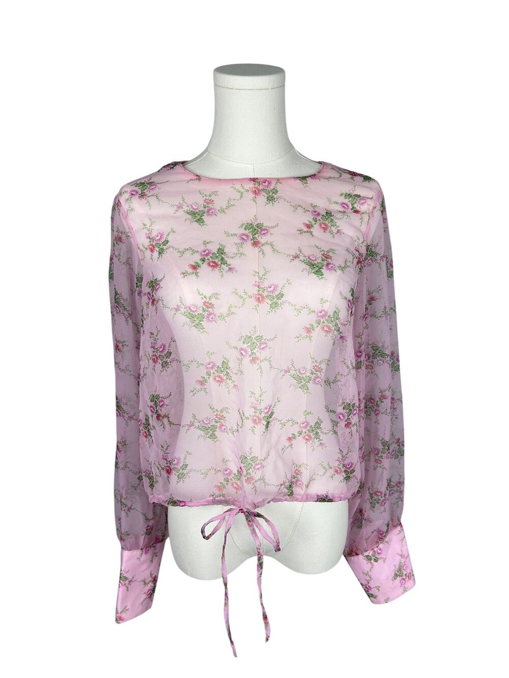 Vintage 70s Pastel Sheer Long Sleeve Cuff Synch Waist Layering Boho Top M